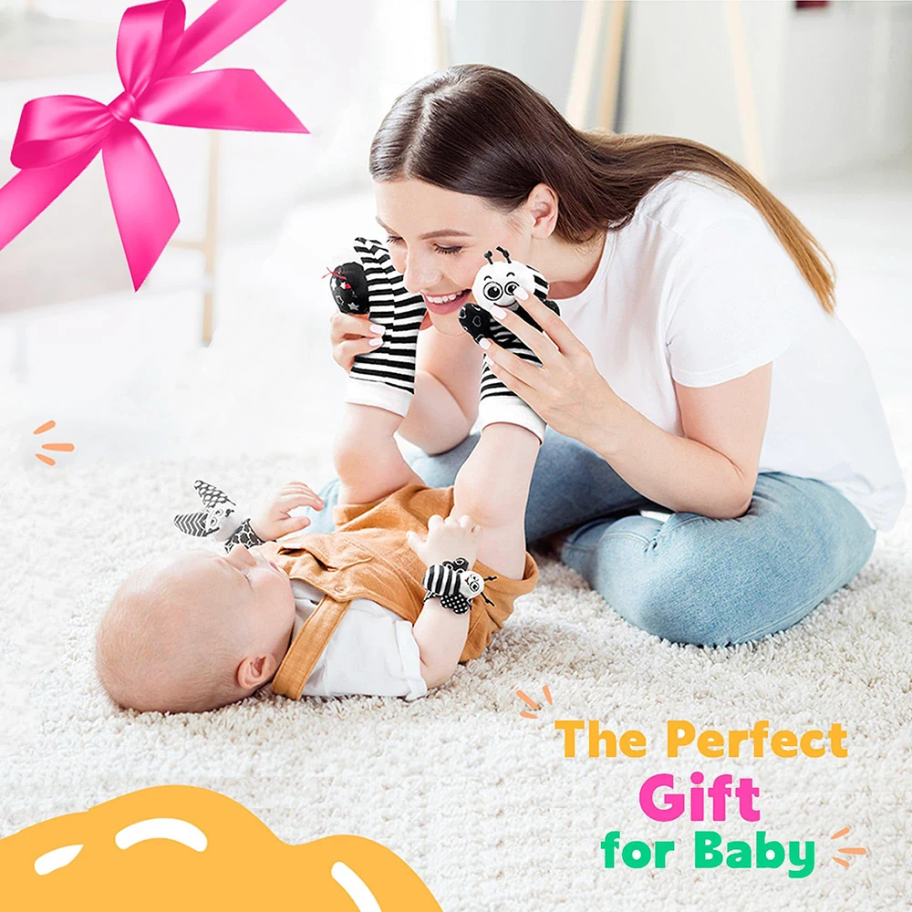 Baby Foot Finder Socks and Wrist Rattles, Black and White Sensory Toys 5