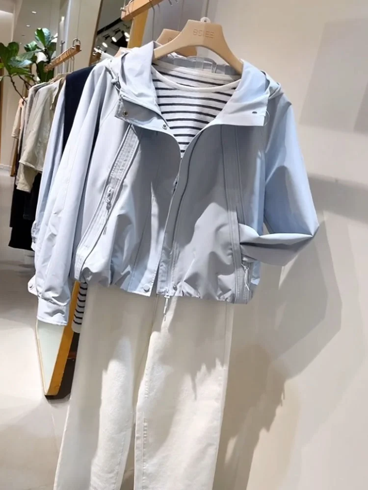 

Женская куртка Sli Blue с капюшоном, весна 2026, Новое поступление, уникальная красивая маленькая ароматная одежда, полиэстер, нейлон Cosite F...