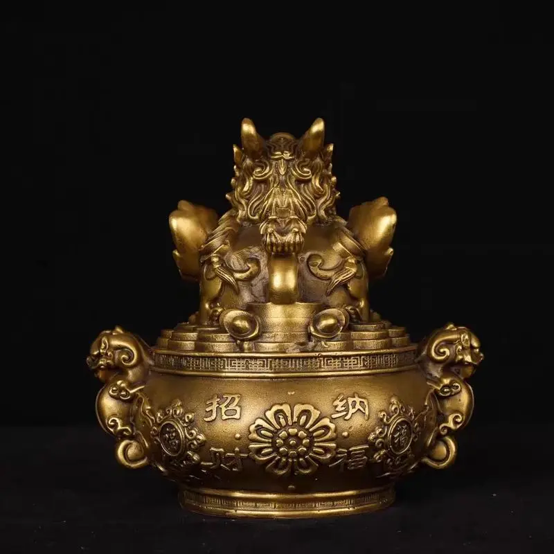 Pure Brass Treasure Bowl Pixiu Ornament, Flying Pixiu, Home Living Room, Entryway, Office, Wine Cabinet, Desktop Decoration