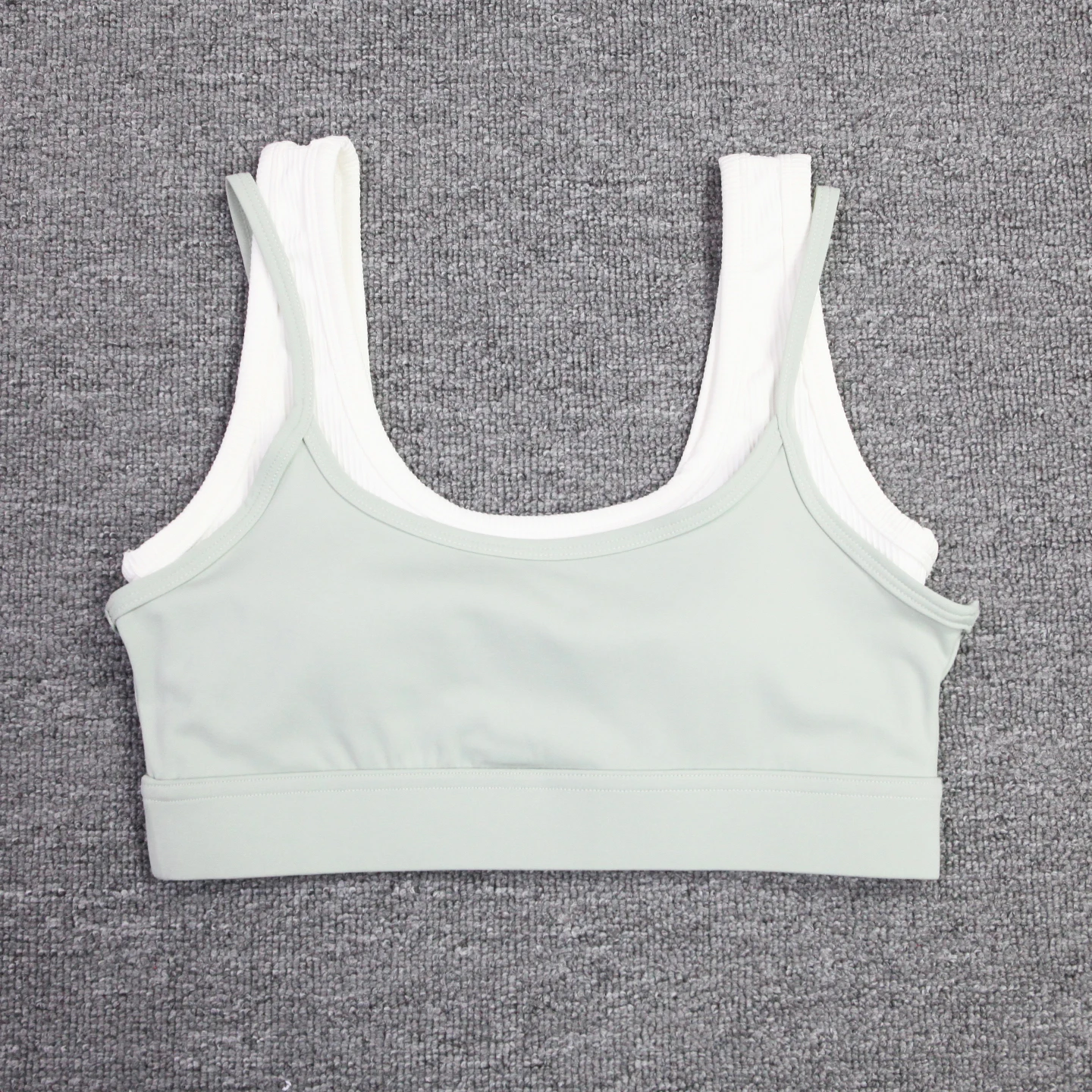 Women Layered Look Sports Bra Spaghetti Strap Built‑in Pads Quick Dry Yoga Fitness Workout Crop Tank Top