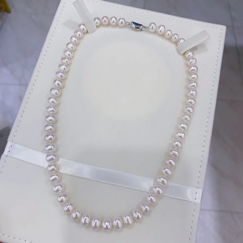 

SGARIT Classic 7-8mm S925 Natural Freshwater Aurora White Round Pearl Necklace For Outdoor Travel Parties, Holiday Gifts SN25