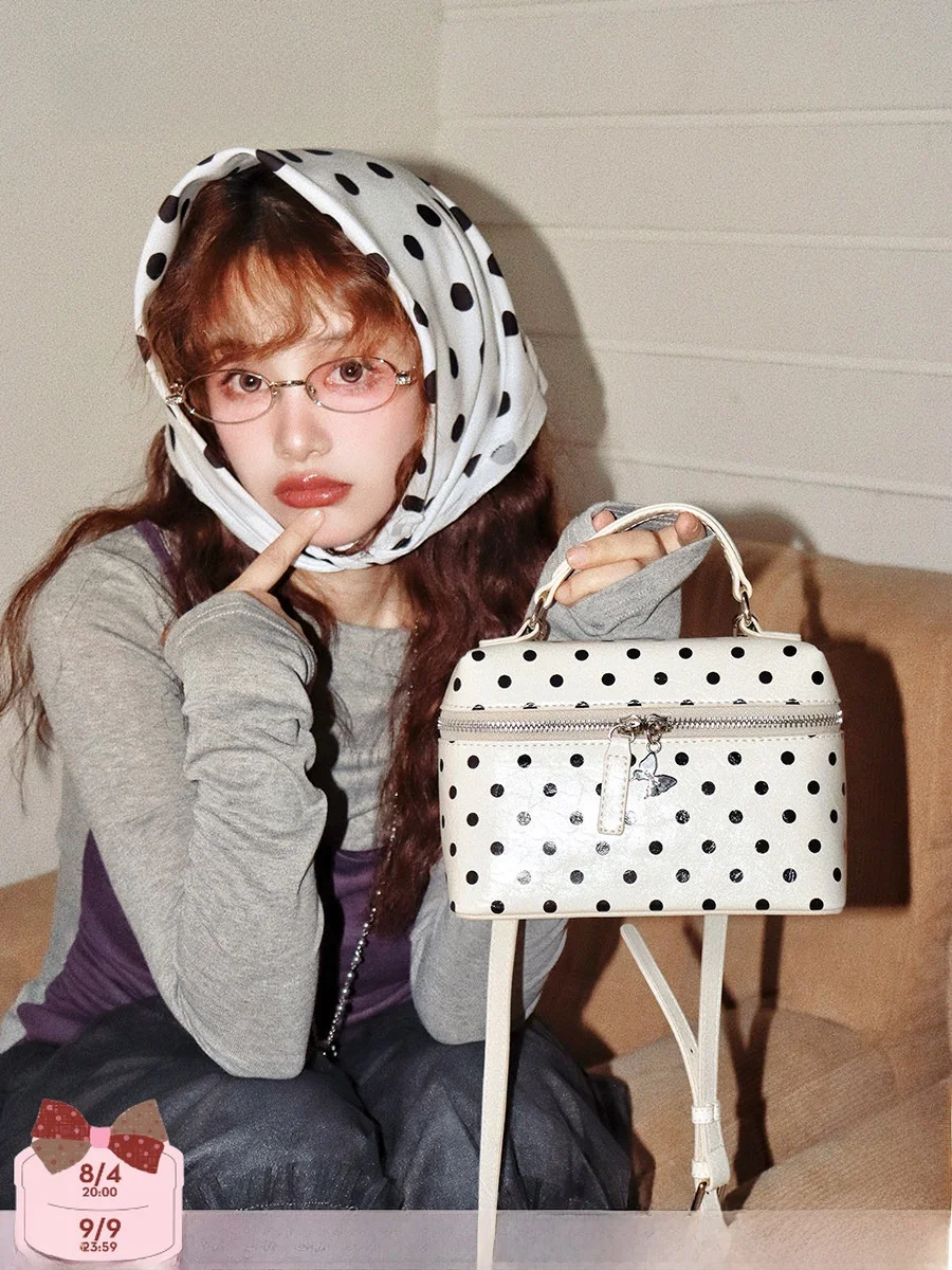 Chic Polka Dot Handbag Crossbody Bag Single Shoulder Korean Style Spring Summer Fashionable Ladies Bag Removable Strap