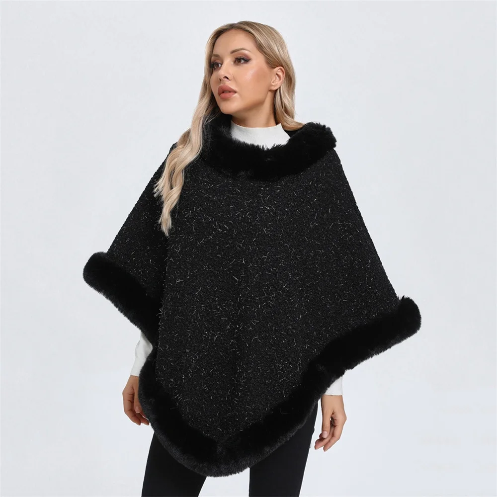 6 Colors Women Granular Velvet Bright Silk Solid Pullover Faux Fur O Neck Loose Cape Outer Wear Winter Thick Warm Shawl Coat