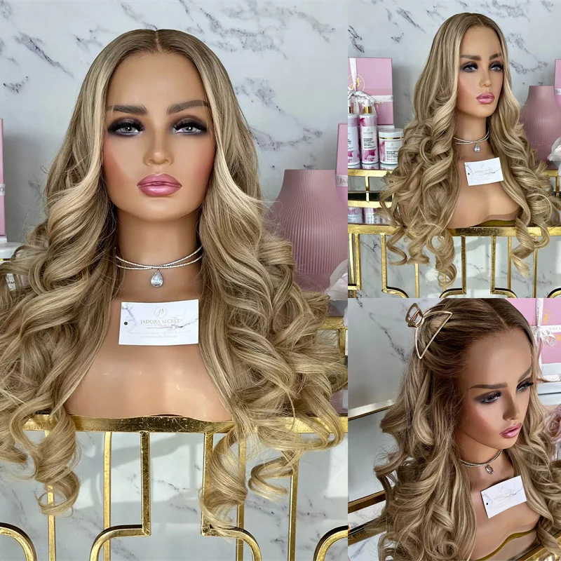 100% Natural Women Wig Honey Blonde with Ash Highlights HD Lace Front Wigs Synthetic Cosplay Lady Girl Wig High Heat Fibre