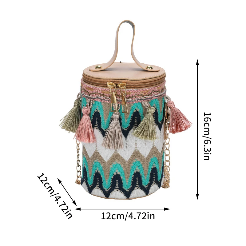 Bolso cruzado de un solo hombro con borla de estilo étnico, bolso de barril redondo con cadena, bolso de mano individual de moda de estilo nacional Retro