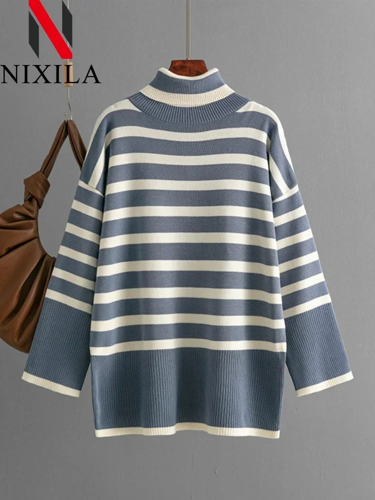 بلوفرات نسائية مخططة للخريف والشتاء بياقة عالية سترة فضفاضة غير رسمية بأكمام طويلة قمصان أنيقة ملابس نسائية