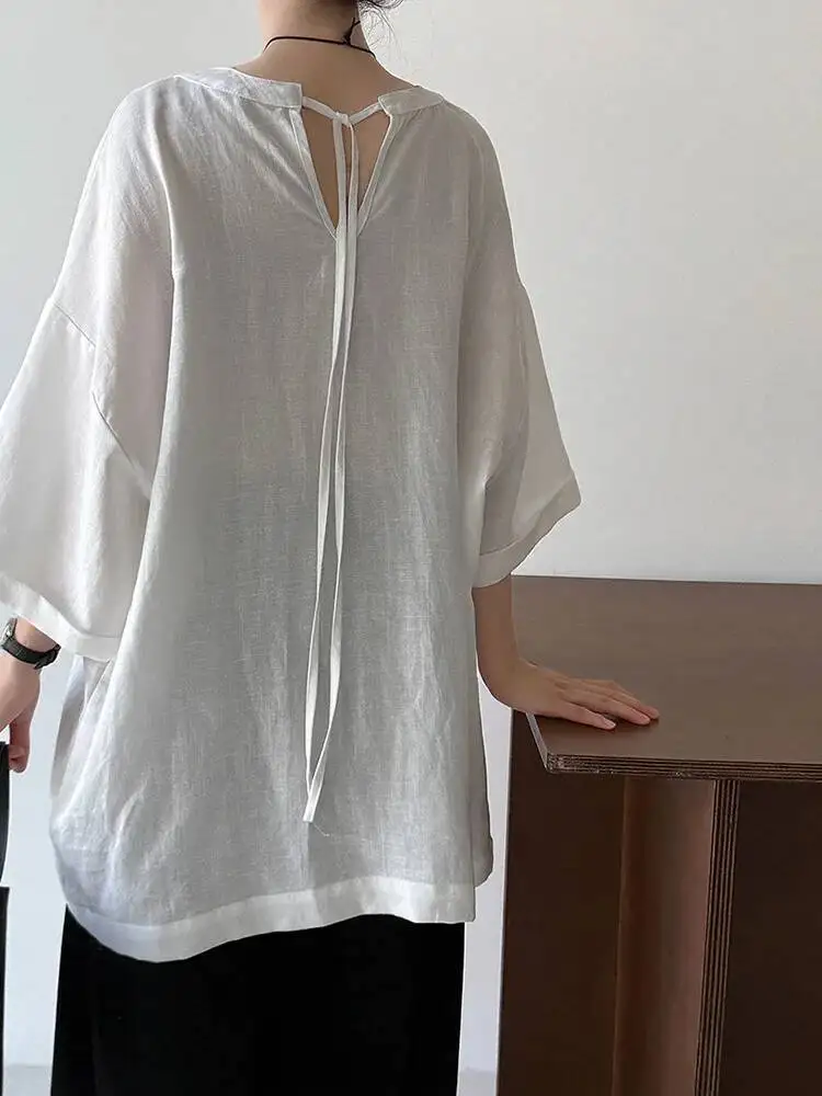

Women White Back Bandage Big Size Casual Long T-shirt New Round Neck Half Sleeve Fashion Tide Spring Summer
