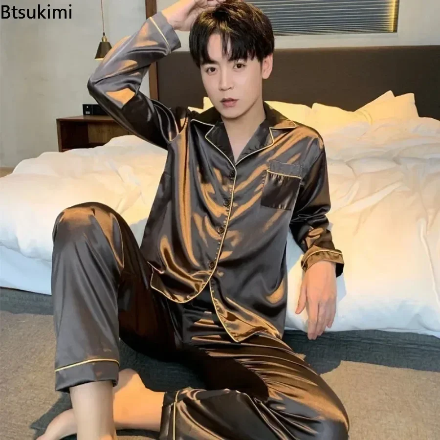 High Quality Men\'s Casual Pajama Sets Fashion Satin Long Sleeve Lapel Tops and Pants Homewaer Suit Men Comfort Lounge Sleepwear