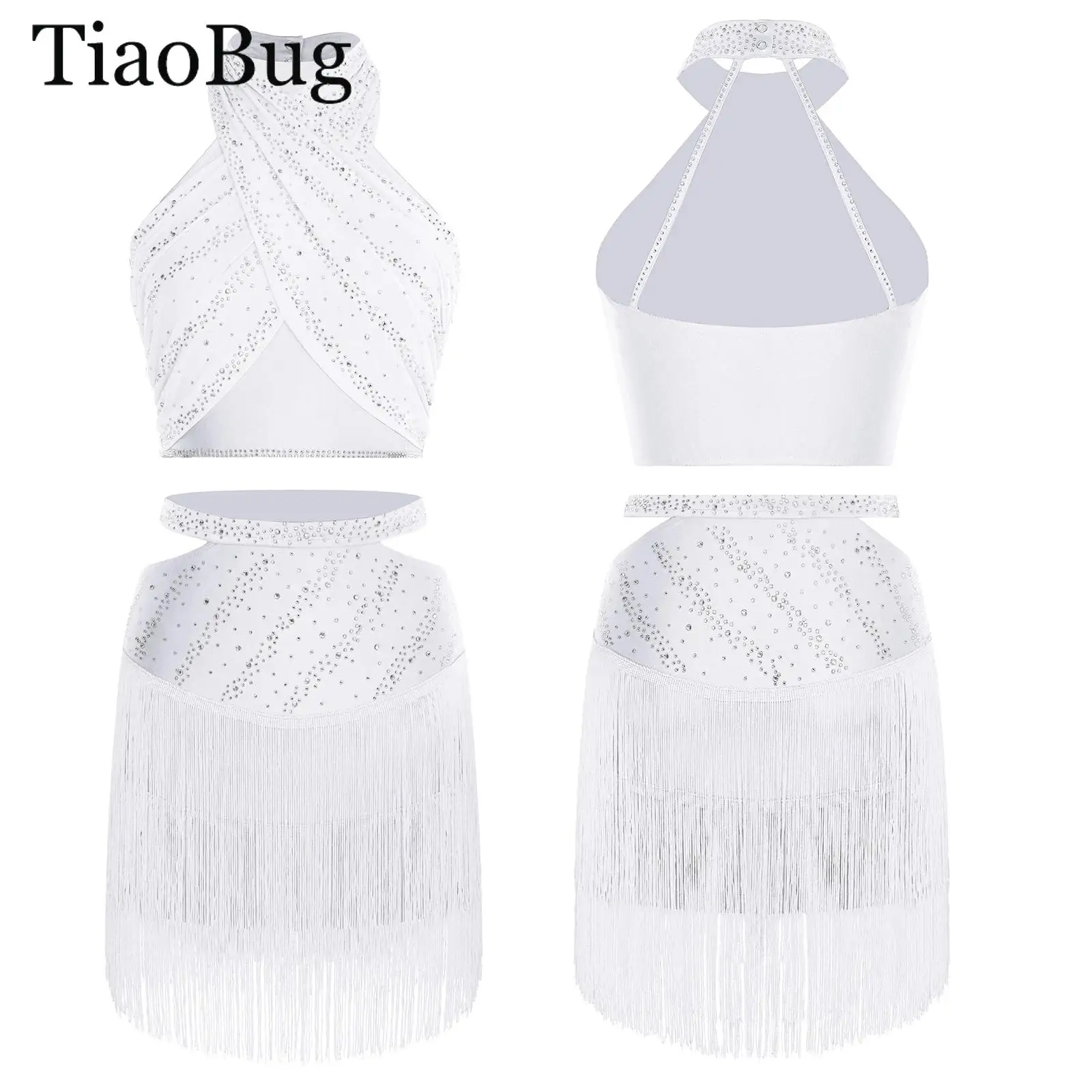 

Women Latin Dance Costume Halter Sleeveless Backless Rhinestone Crop Top And Tassels Skirt Tango Cha-Cha Salsa Skating Dancewear