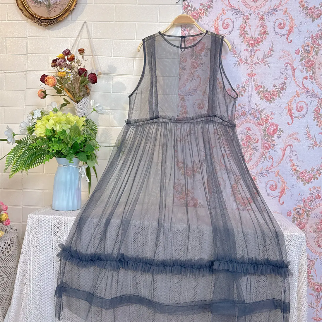 2026 New Spring Summer Women Fairy Round Neck Loose A Line And Versatile Sleeveless Age-defying Net Fabric Ruffled Dress