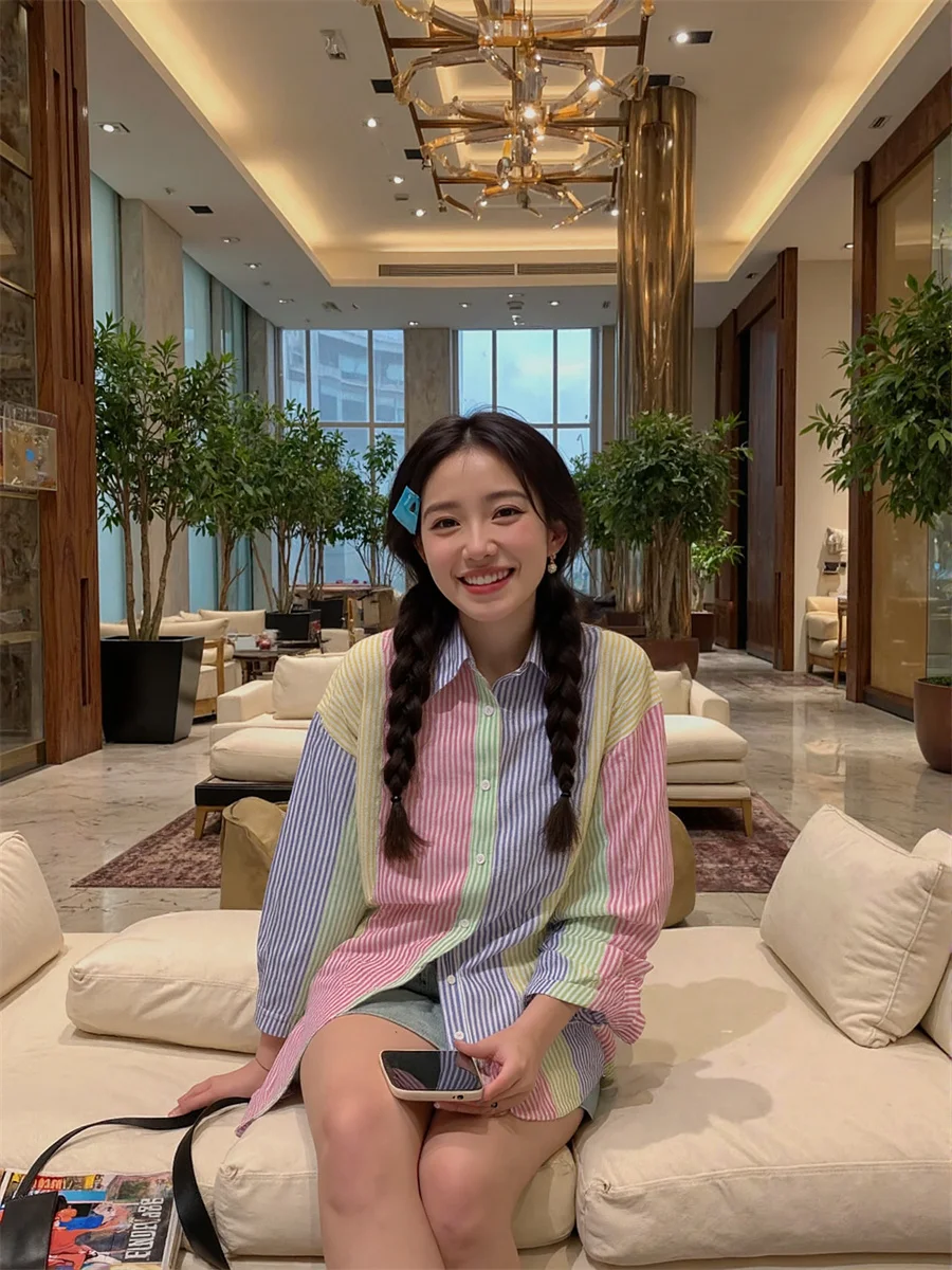 

Long Sleeve Women Summer Shirt Patchwork Bow Tie Neck Front Knot Button Preppy College Student Sweet Cute Harajuku Fashion Tops