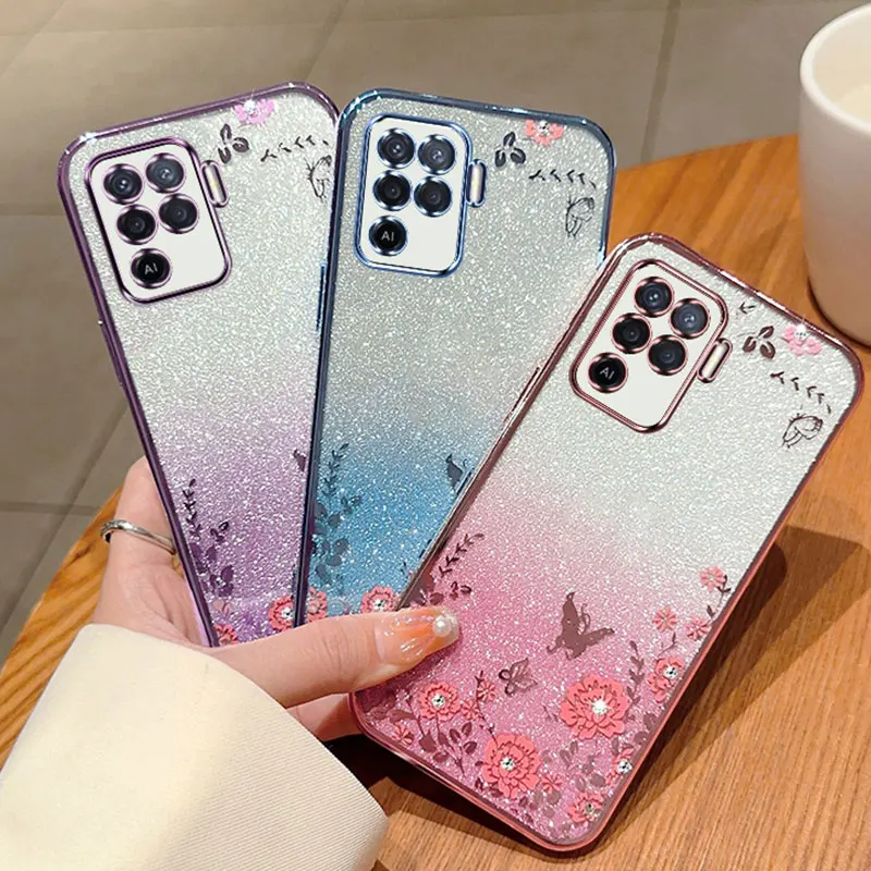 A94 4G Shiny Diamond Case,Luxury Flower Plating Case For OPPO A94 A74 A54 A93 F19 F17 Pro Reno 7 6 5 Lite F 10 Cover For women