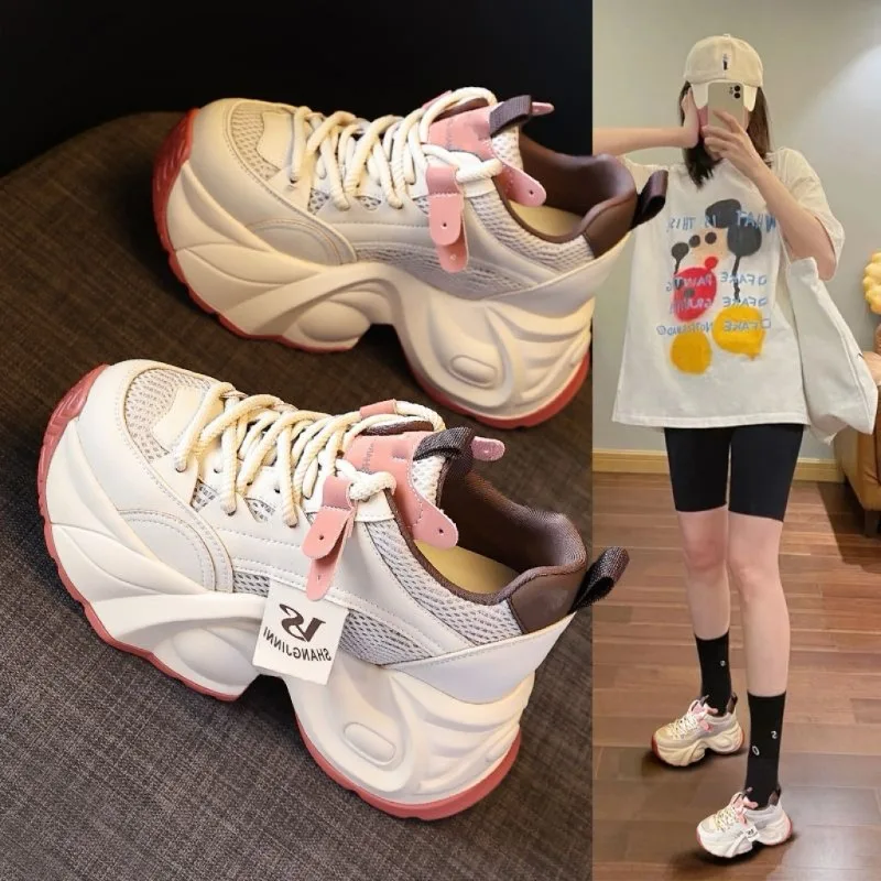 

Spring Autumn Chunky Women's Vulcanized Shoes 2025 Designer Fashion Breathable Leather Casual Shoes New Increased Woman Sneakers