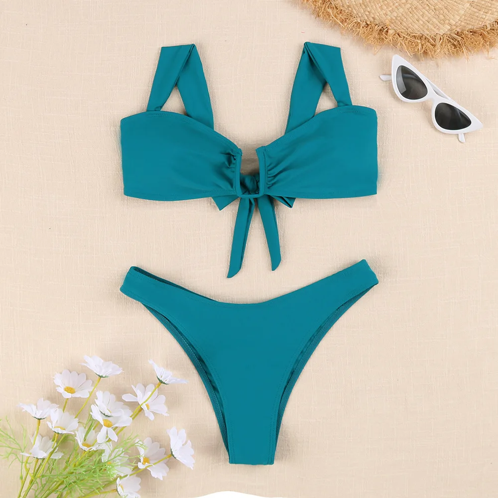 Bandeau Micro Bikini 2024 Brazilian Biquini Green Padded Thong Swimsuit Women High Cut Beach Bathing Suit U Neck Swimwear Summer