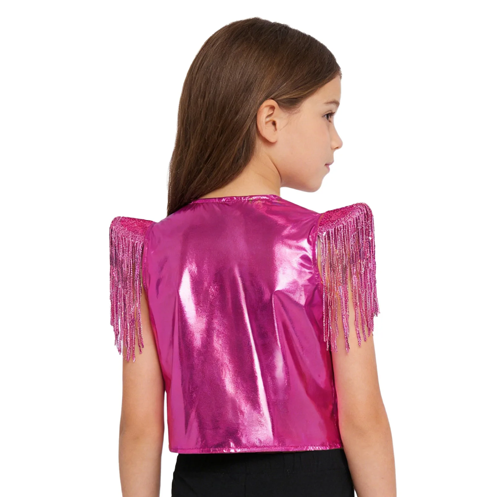 Kids Boys Girls Sequin Metallic Vest Sequined Tassels Asymmetrical Hem Zipper Waistcoat Jazz Modern Stage Performance Dancewear