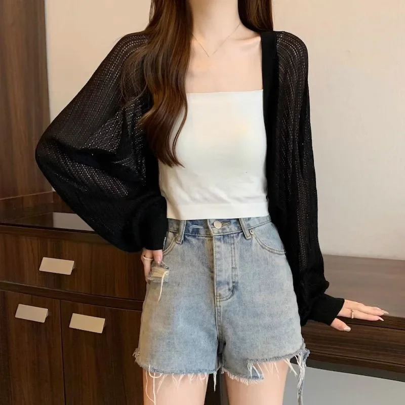 Hollow Long Sleeved Knit Cardigan Women\'s Apricot Short Top Loose Korean Fashion Gentle Simple Casual Commuting Spring Autumn