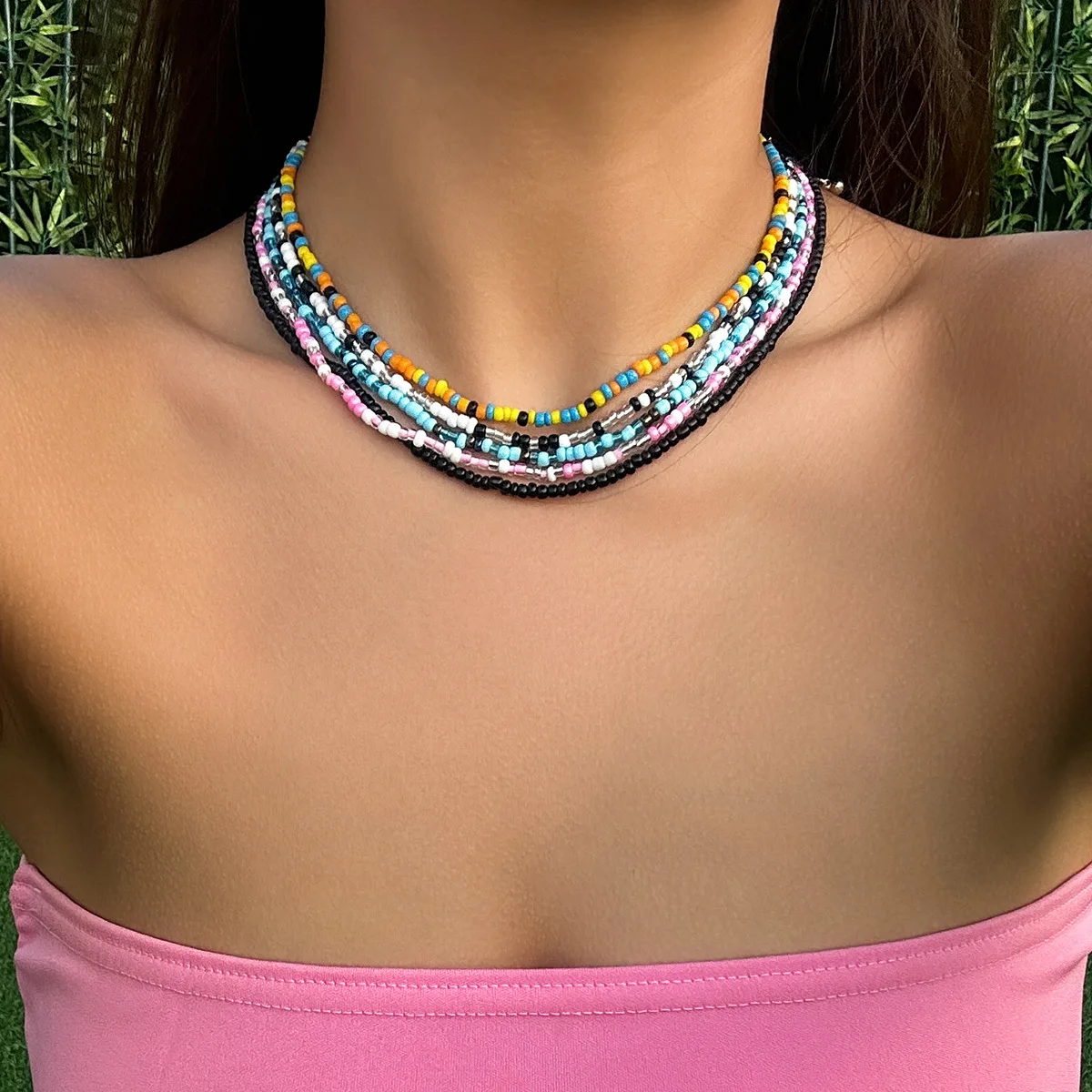 Necklace Set Multicolor Seed Bead Bohemian Rustic Contrast Elegant Versatile Daily Gift Jewelry for Ladies Silver Tone Durable