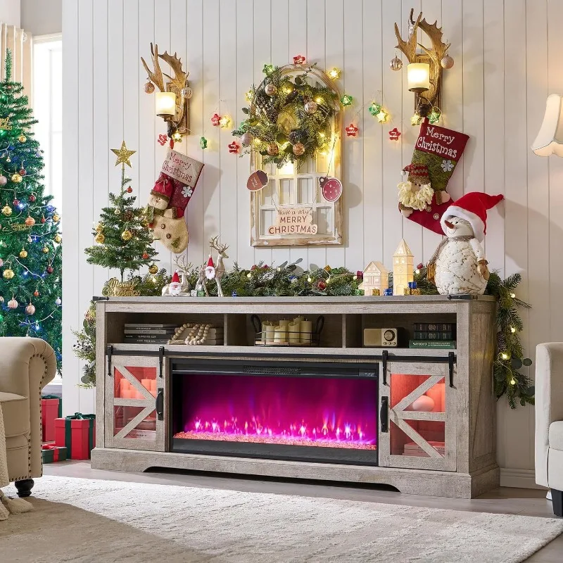 

Подставка для камина 75 дюймов для телевизора 85 дюймов, развлекательный центр Highboy Farmhouse высотой 33 дюйма с электрическим камином 42 дюйма, светодиодная подсветка, деревенский язык