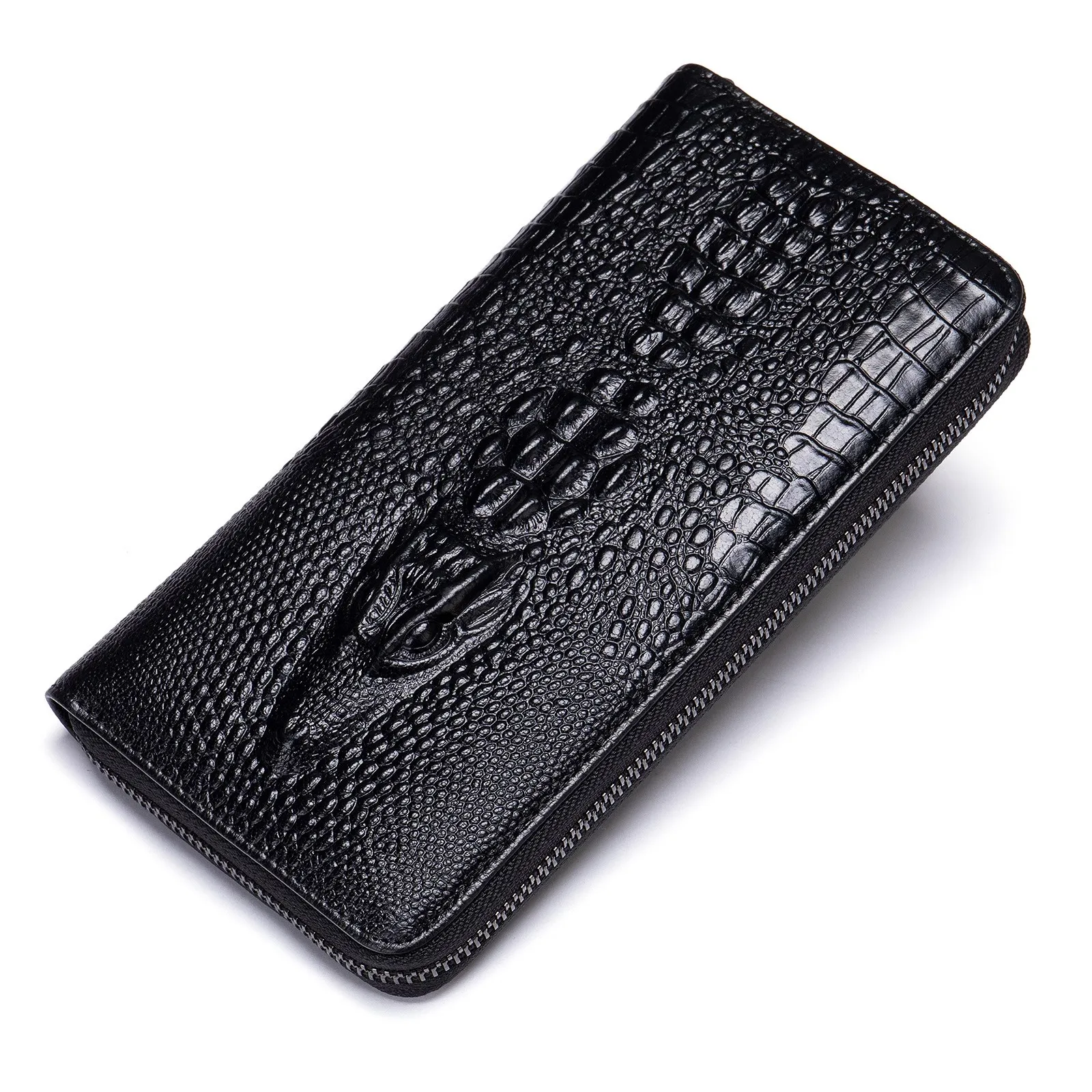 top-layer-cowhide-men's-long-zipper-crocodile-pattern-leather-wallet-multi-card-vertical-style-handbag-grab-bag-handbag