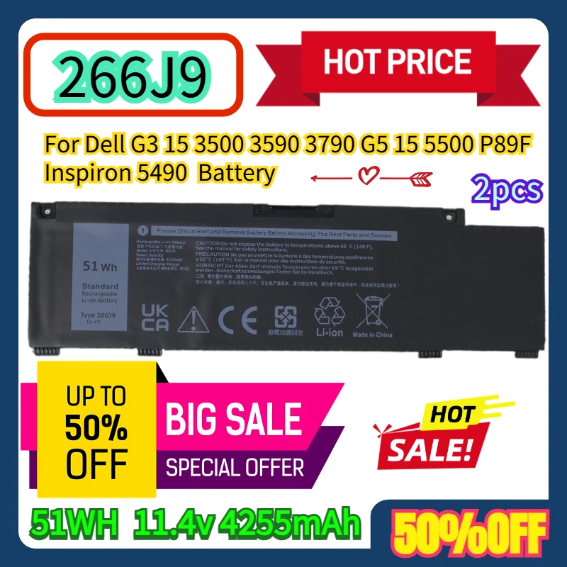 2 قطعة ل Dell G3 15 3500 3590 3790 G5 15 5500 P89F انسبايرون 5490 51WH 266J9 11.4v 4255mAh البطارية #1