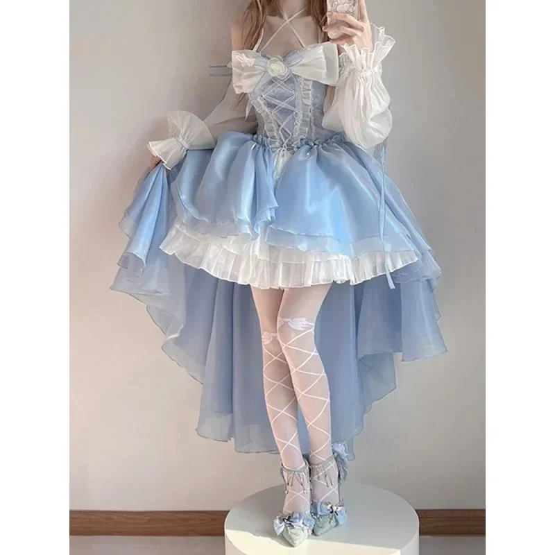 lolita dress design, front short and back long flower wedding, heavy duty, large bow tie, trailing skirt