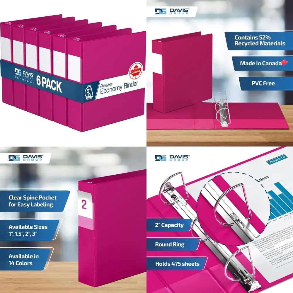 Premium Economy 6-Pack D-Ring Binders, 2 Inch, Pink, Ideal for School and Office Use, Large Capacity Storage