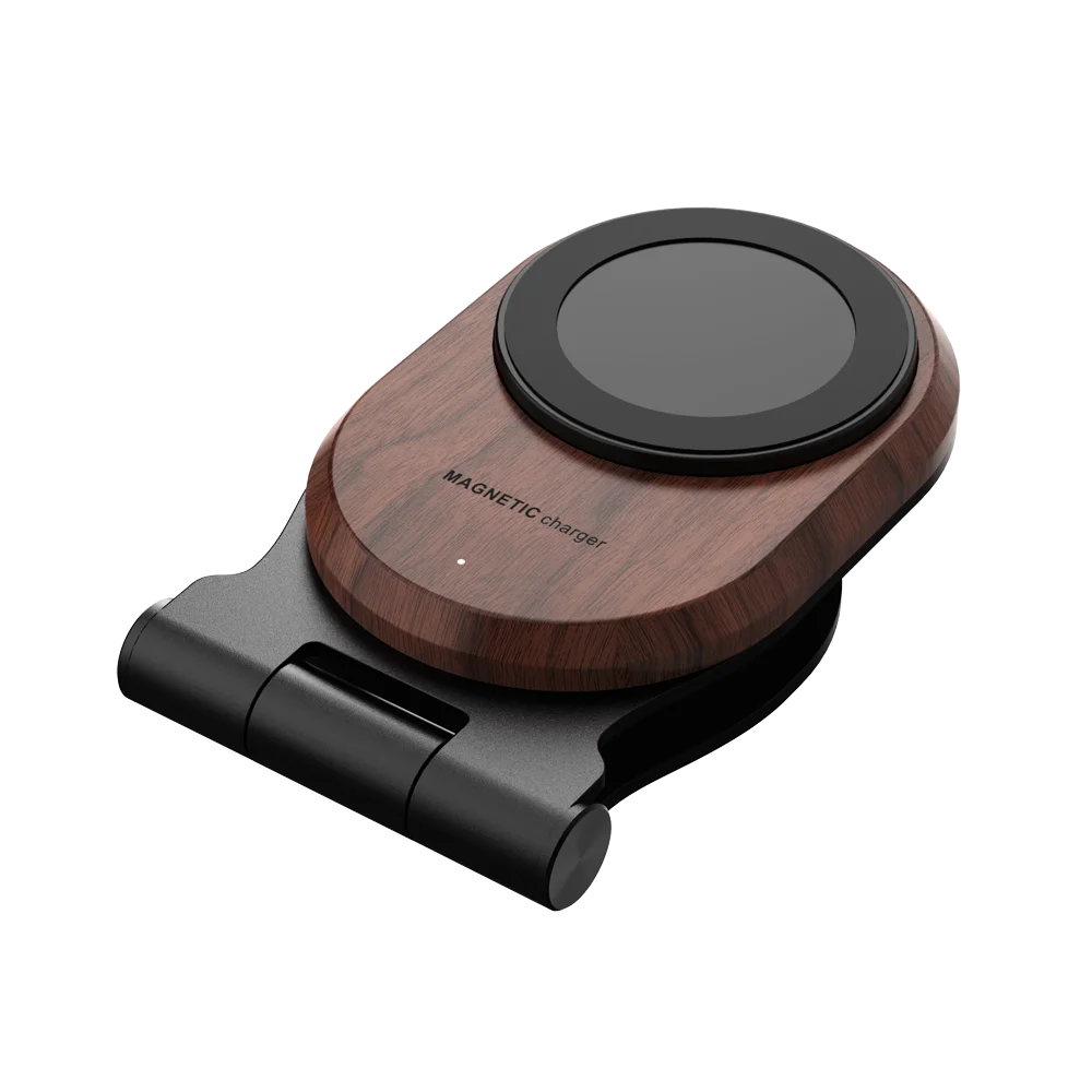 Eco-friendly wholesale Phone Accessories 15W fast Walnut wood wireless magnetic charger with folding metal Stand