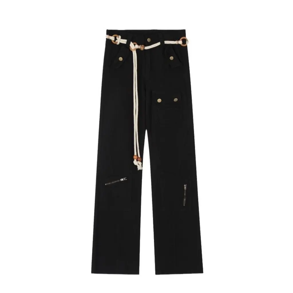 

Women's High Waist Slim Fit Jeans American Style Straight Micro-Raise Trousers Black Tooling Zipper All-Match Loose Look