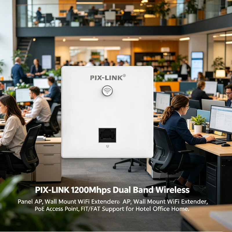 PIX-LINK Wall Installed WiFi Coverage Expander 1200Mbps Dual Band PoE Input Design Supports FIT/FAT Mode Indoor Wireless Network