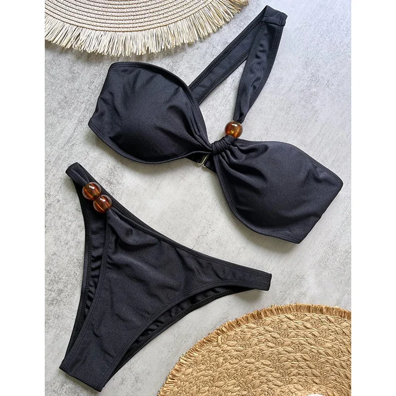 

Sexy Bikinis Swimsuit Women One Shoulder Suspender Bra Thong Split Bikini Set Summer 2025 New Solid Fashion Beach Bathing Suit