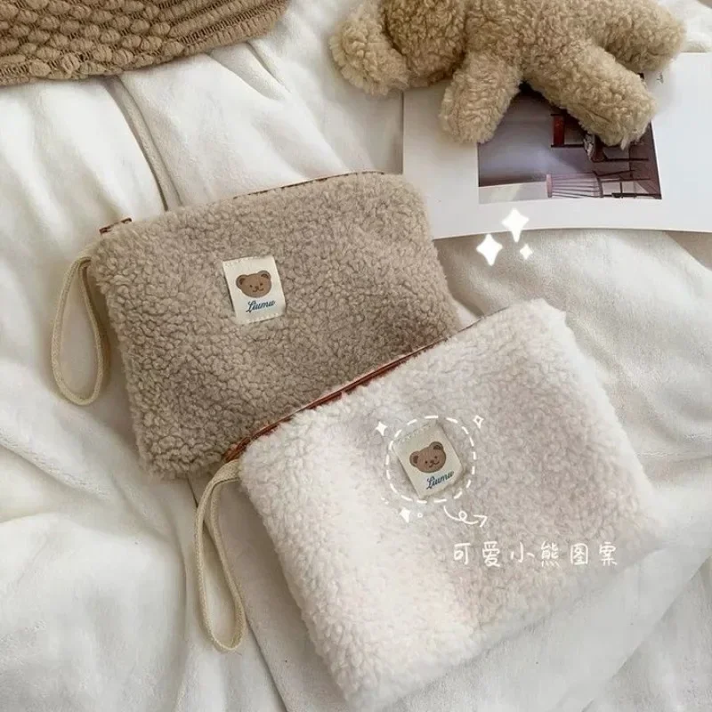 Baby Diaper Bag Korean Fashion Kawaii Cartoon Bear Baby Organizer Baby Item Storage Bag  Autumn Winter Plush Handbag for Women