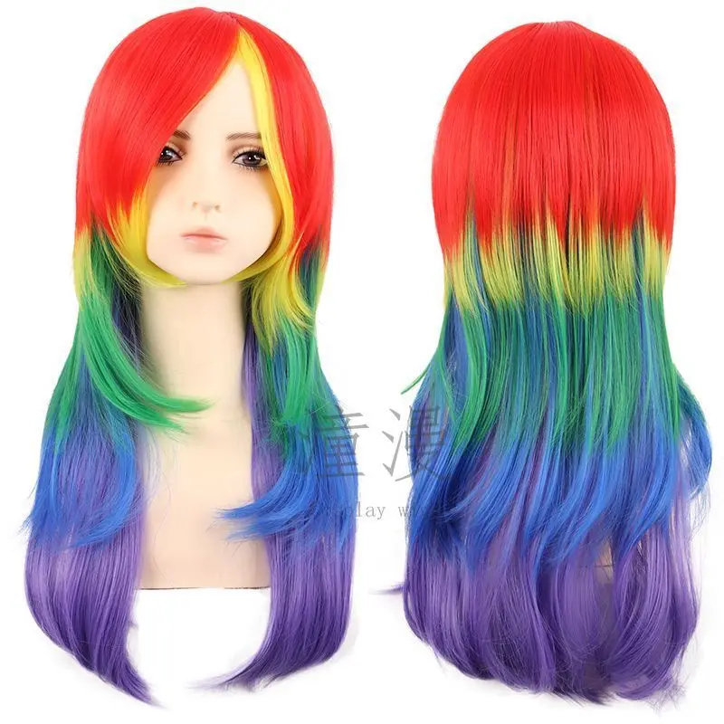 Tongman cosWig60CMAnime أحمر برتقالي أصفر أخضر قوس قزح اللون بلدي ليتل المهر المهر قوس قزح شعر مستعار #1