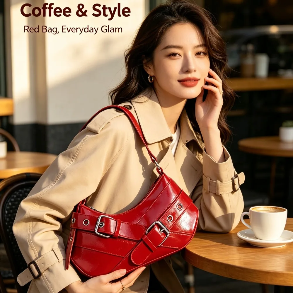 Women's Fashionable Textured Punk Motorcycle Shoulder Bag, Commuter Shoulder Bag, Trendy Stylish Niche Underarm Dumpling Bag