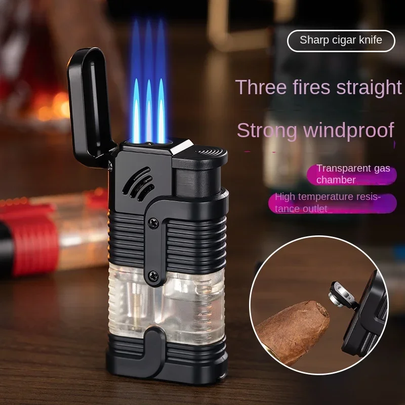 Metal Windproof Triple Jet Flame Gas Cigar Lighter Transparent Fuel Tank High Temperature Spray Gun Cigar Cutter Lighter