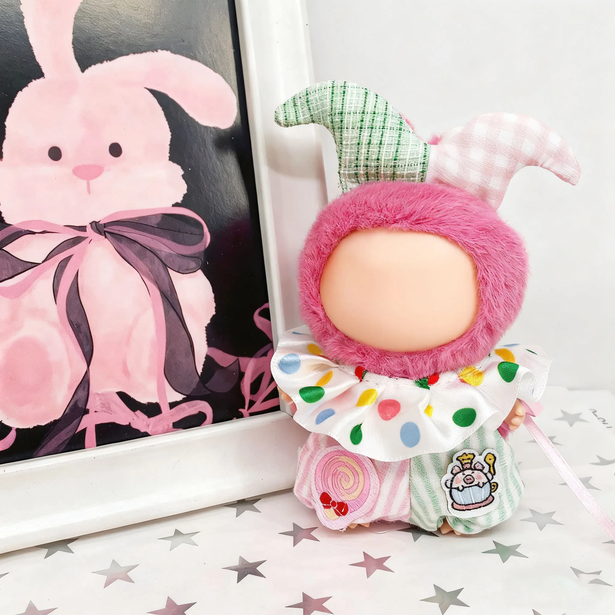 ラビュブ4.0ドール服 カラフルボールピエロ衣装アクセサリー ミニぬいぐるみセット トレンド衣装 チェック柄ワンピース襟付き服