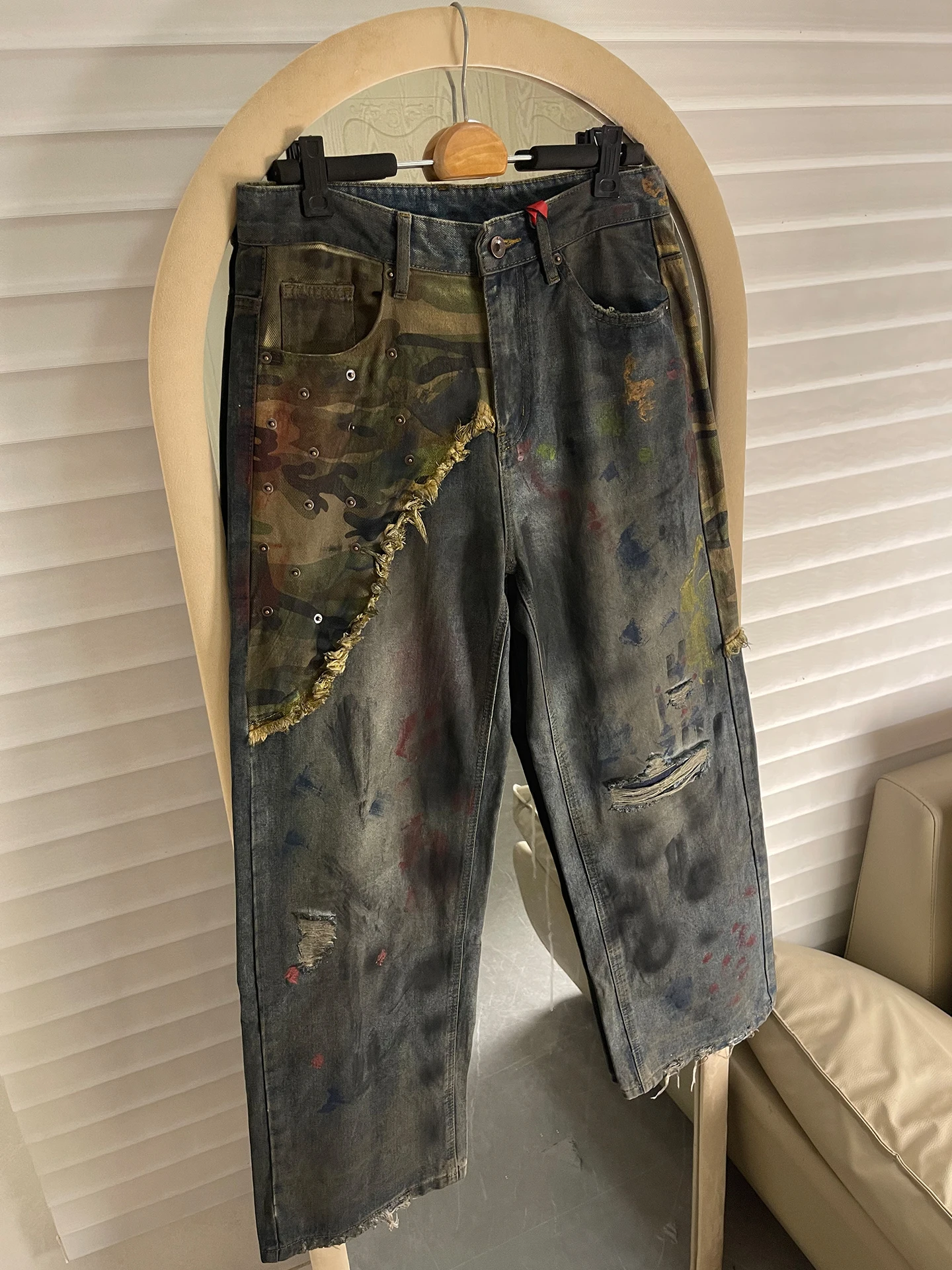 

Parisian Sle American High Street Vintage Ripped fiti Dyeing Wide Leg Jeans ex Loose Fit fiti Printed Denim