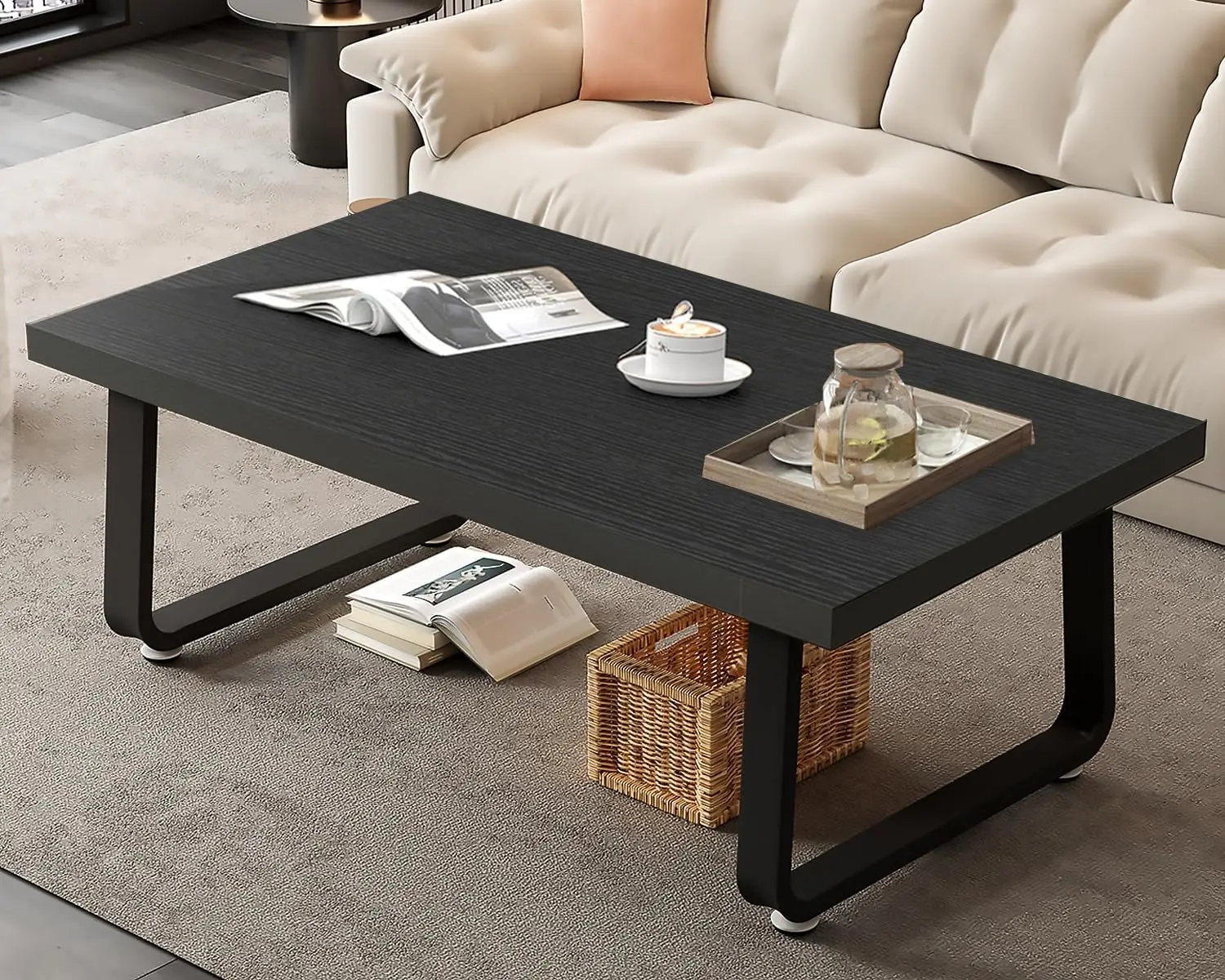 Black Coffee Table, Industrial Wood and Metal Legs Center Table, Modern Minimalist Rectangle Cocktail Table Black Oak, 47 Inch