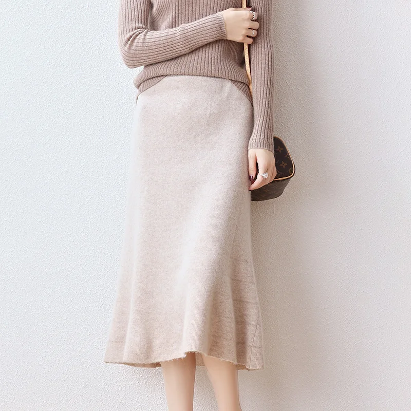 Autumn And Winter 100 Pure Wool Skirt Female High Waist A Word Hip Fishtail Skirt In The Long Slim Knitted Wool Skirt