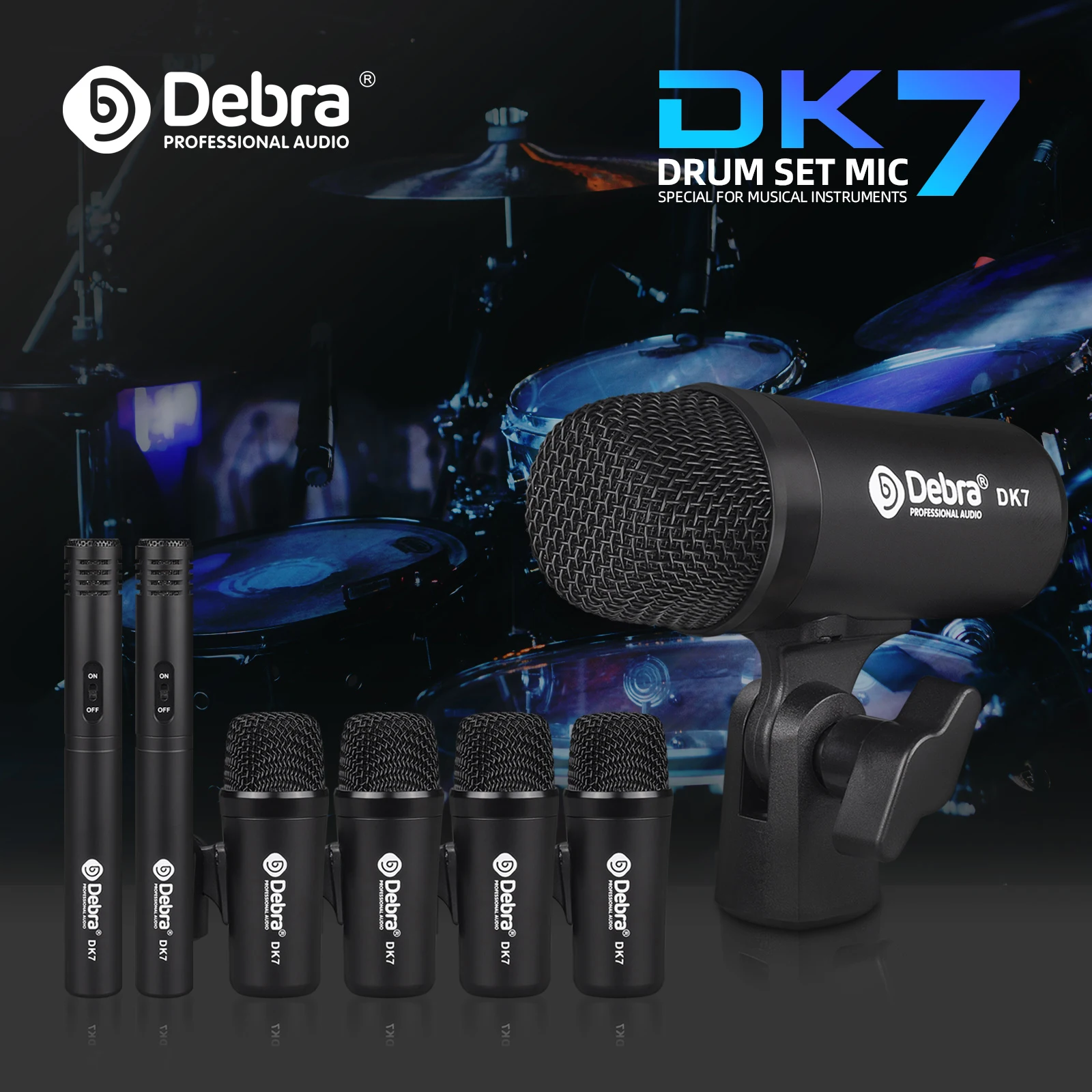 Debra DK7 Juego de micrófonos de batería con cable - Micrófonos dinámicos de 7 piezas para bajo, ruleta, tomas y platillos - Estudio/rendimiento en vivo