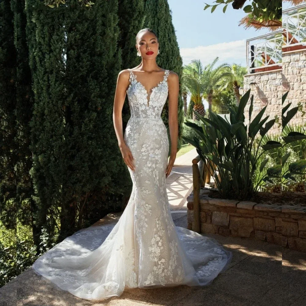 Robes de mariée sirène en dentelle personnalisées, avec des appliques Spaghetti et des perles, robe de mariée élégante