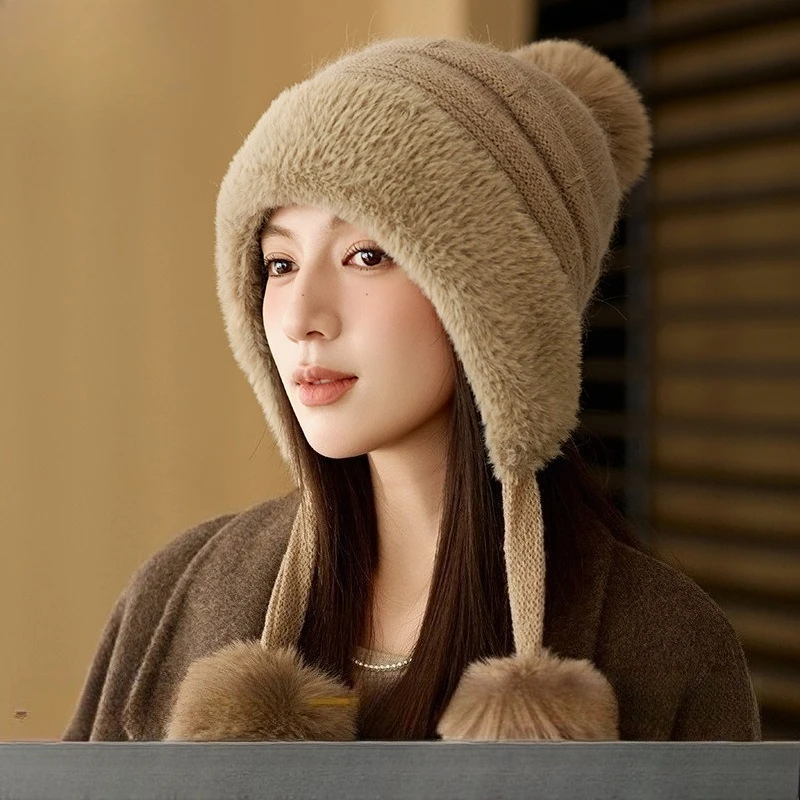 Korean Light Luxury Rabbit Fur Hat Fleece Thickened Ear Protector Hairball Knitted Hat Elegant Versatile Temperament Warm Hat