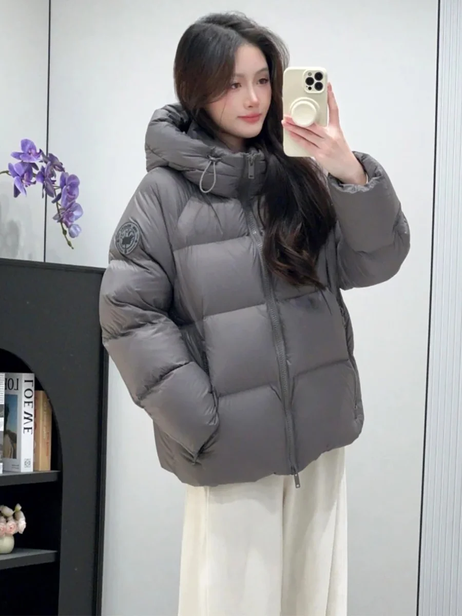 Jaqueta Feminina com Capuz, Estilo Coreano, Ajuste Solto, Casaco Quente de Comprimento Médio, Gola Alta, Roupa de Inverno