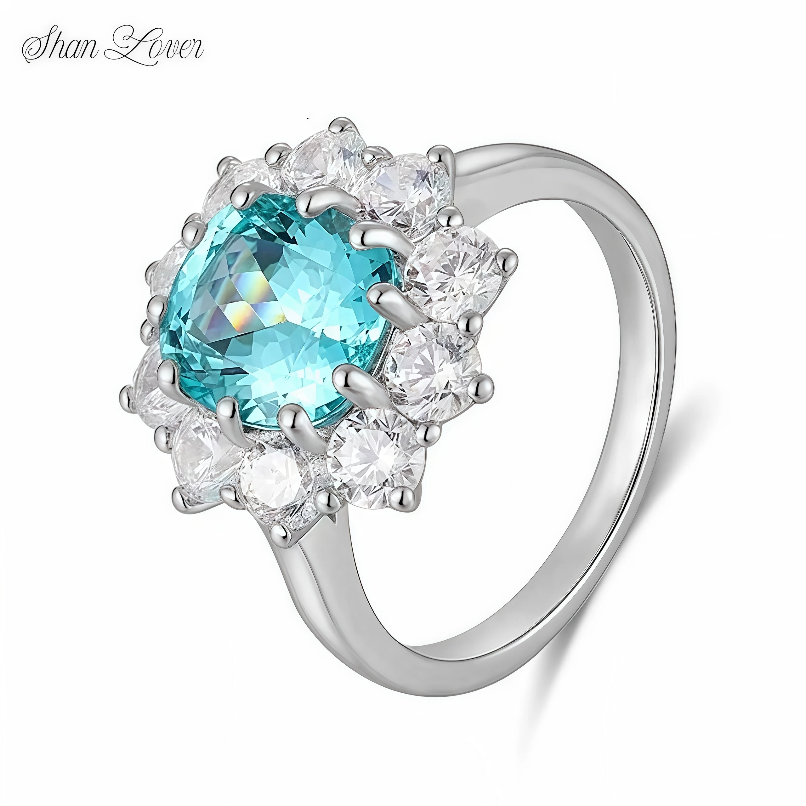 

ShanLover Brand Flower High Quality S925 Silver Ring with 4.6 Carat Lab Grown Paraiba Recycled Colored Gemstone