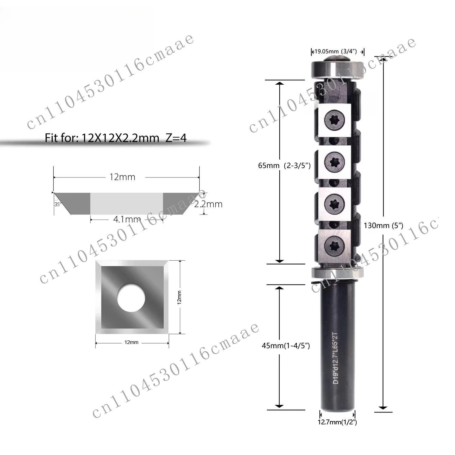 Spiral Flush Trim Router Bit with Indexable Carbide Inserts 1/2 Inch Shank CNC Wood Milling Cutter Top Bottom Bearing