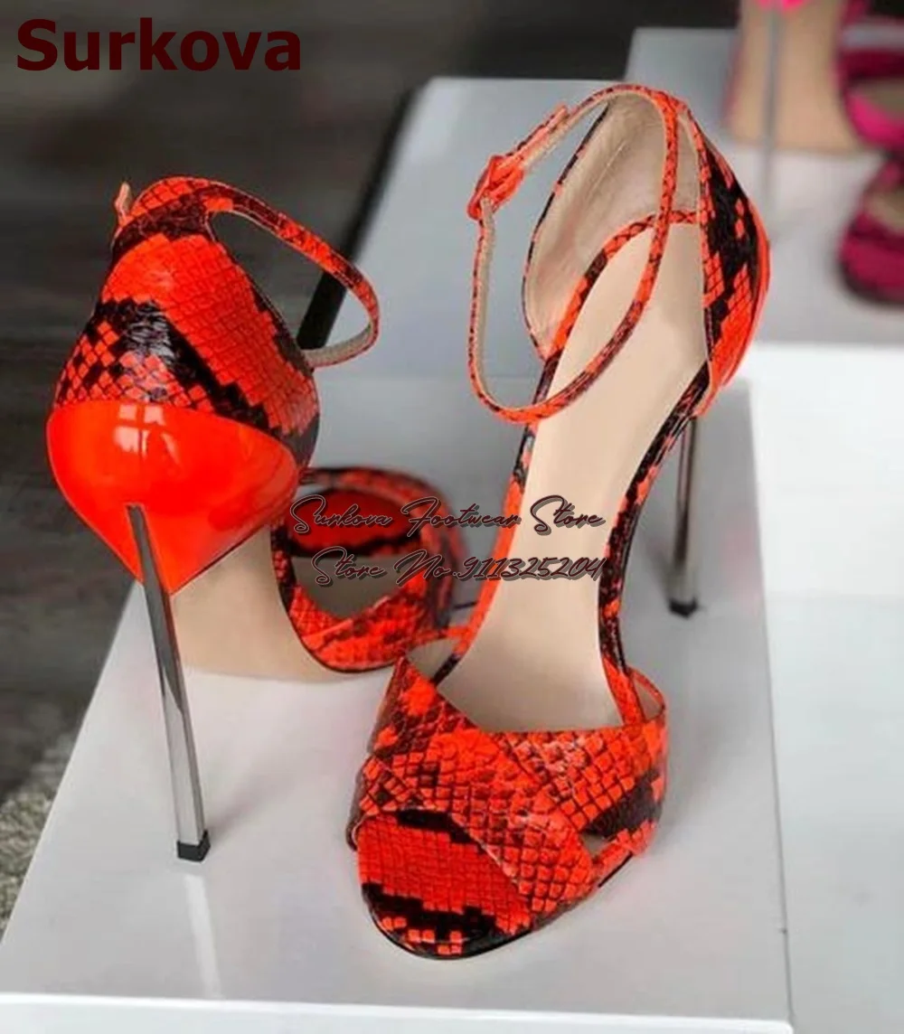 

Surkova Silver Metal Blade Heel Sandals Orange Pink Neon Snakeskin Strap Summer Shoes Sexy Open Toe Evening Pumps Size46