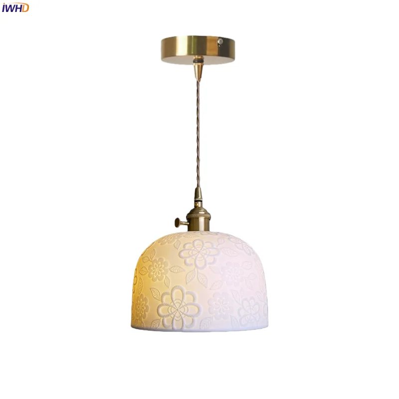 

IWHD Interior Lighting LED Pendant Lamps Kitchen Island Bedside Home Decor Copper Vintage White Ceramic Hanging Light Luminaria