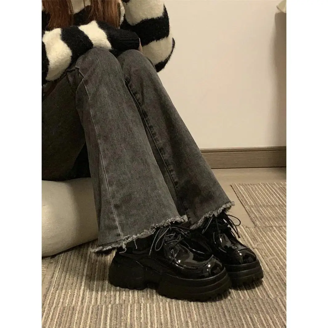 

y ey Retro Frayed Hem Flared Jeans Women's Spring Autumn High Waist Versatile Design Straight Leg Bell Bot