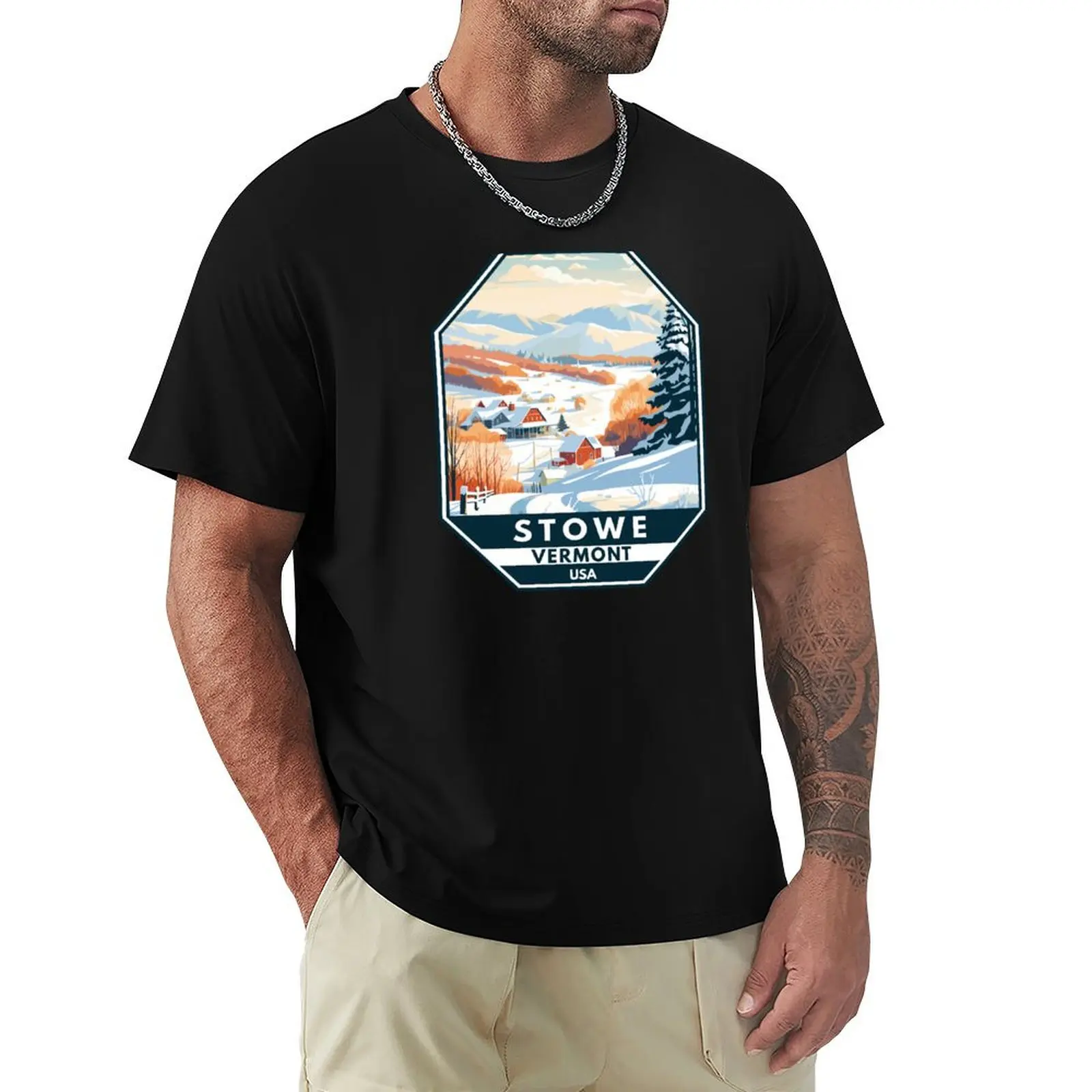 Stowe Vermont Winter Travel Art Emblem T-Shirt Basic Plain Tee for Spring and Summer