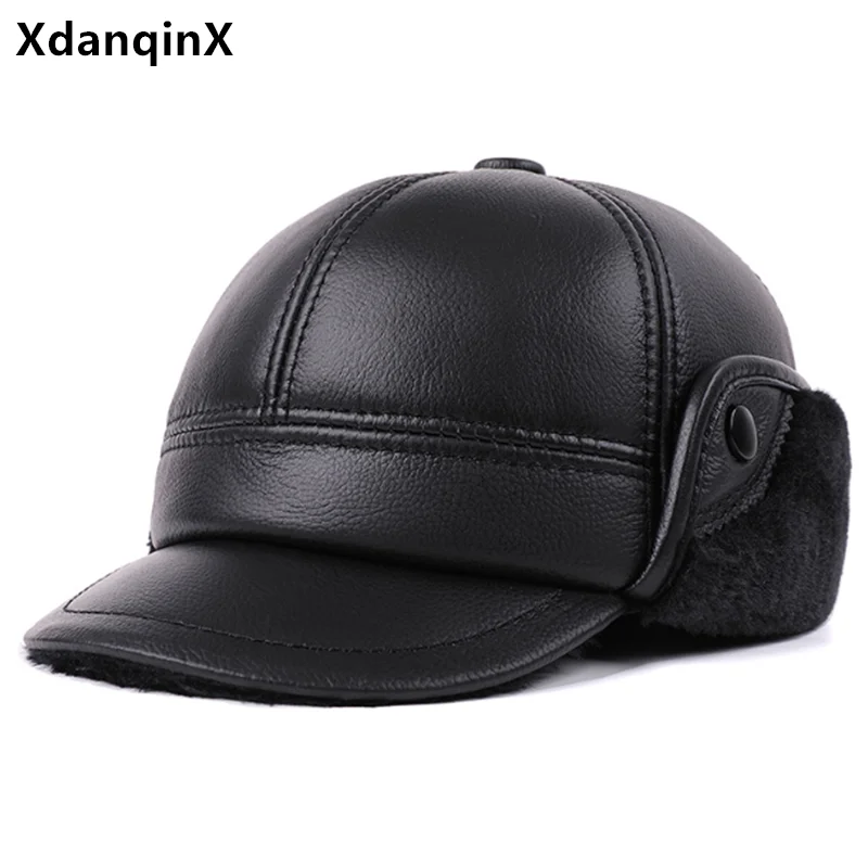 

New Winter Natural Genuine Leather Caps For Men Plush Thickened Bomber Hats Anti-cold Fur Warm Earmuffs Hat Cowhide Leather Cap