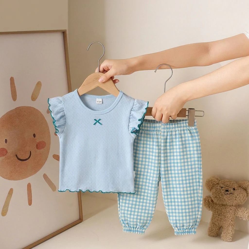 Baby Girls 2 Piece Clothing Set Cute Flutter Ruffle Sleeve Pointelle Knit Top Blue Gingham Plaid Jogger Pants Summer Breathable